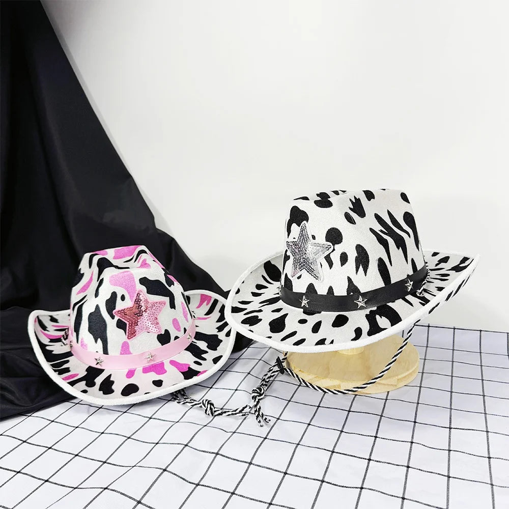 Animal Print Punk Cowboy Hat – Cow Print & Star Rivets Costume Cowboy Hat SWANS