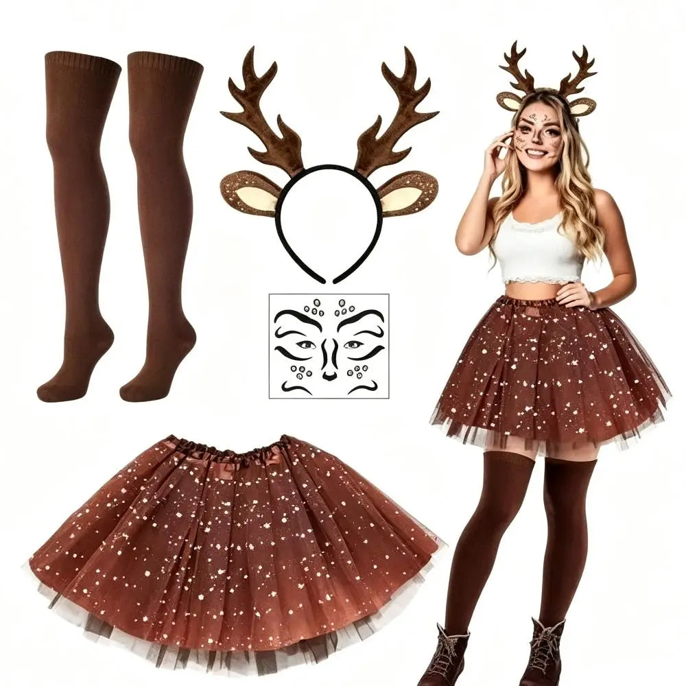 Reindeer Deer Cosplay Kit – Antler Headband, Tutu Skirt Set Holiday Costume Set SWANS