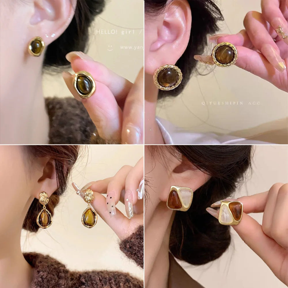 Tiger Eye Stone Stud Earrings – Zinc Alloy Light Luxury Stud Earrings SWANS