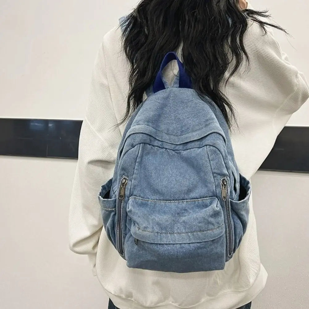 Vintage Washed Denim Backpack – Student Laptop & Travel Bag Denim Backpack SWANS