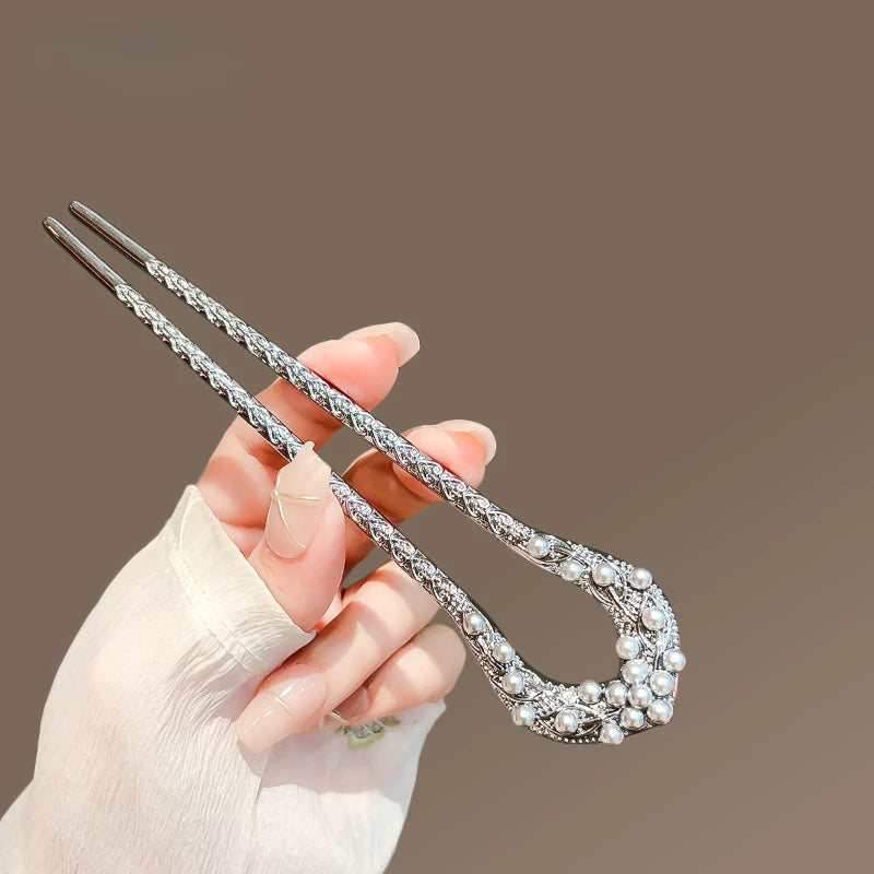 Pearl Leaf U-Shaped Hairpin – Chinese Style Hair Disc Clip U-Shaped Hairpin SWANS