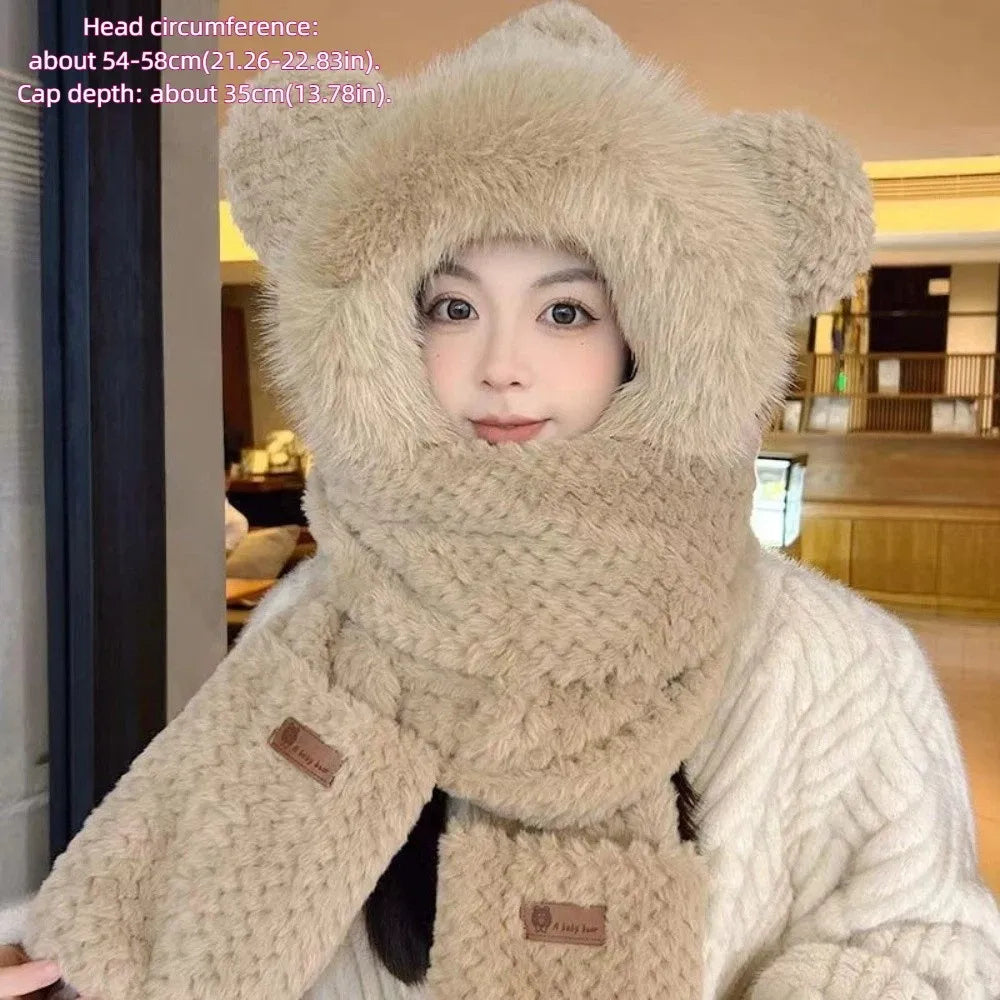 Women's Fluffy Hooded Scarf Hat Set – Windproof Winter Cap Winter Hat Scarf Set SWANS
