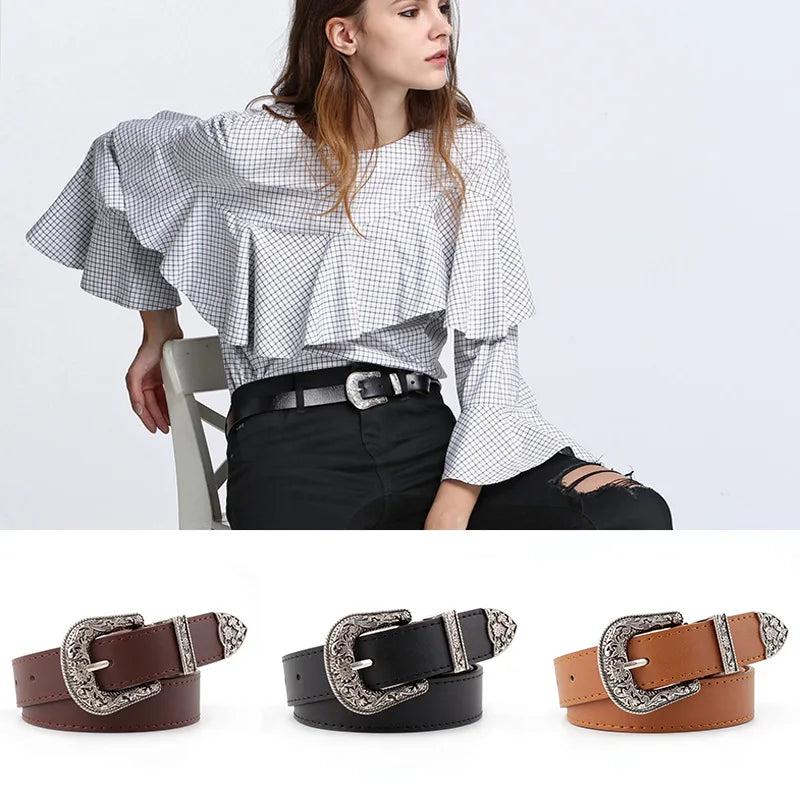 FAITOLAGI Women's Vintage Western Carved Pin Buckle PU Belt Women's Fashion Belt SWANS