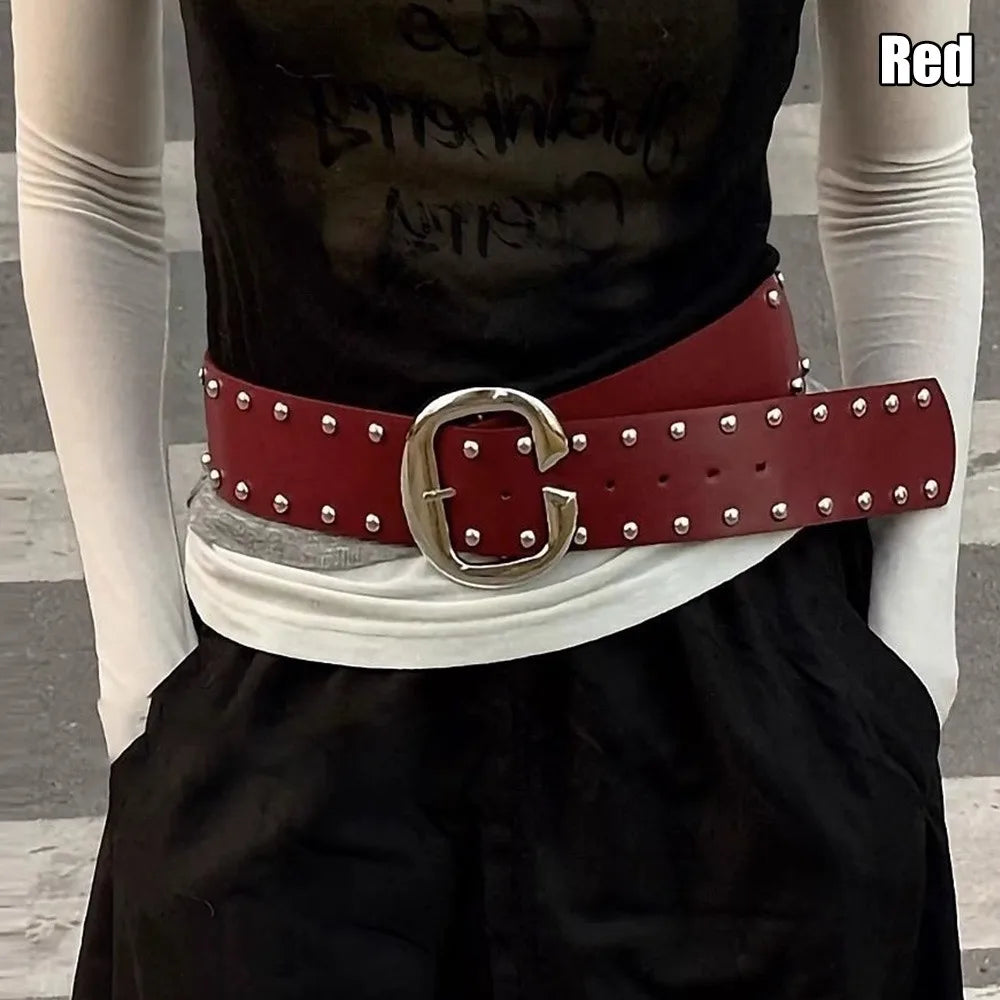 Women's Wide PU Rivet Belt – Punk Style for Jeans & Skirts Wide Waist Belt SWANS Rose Red