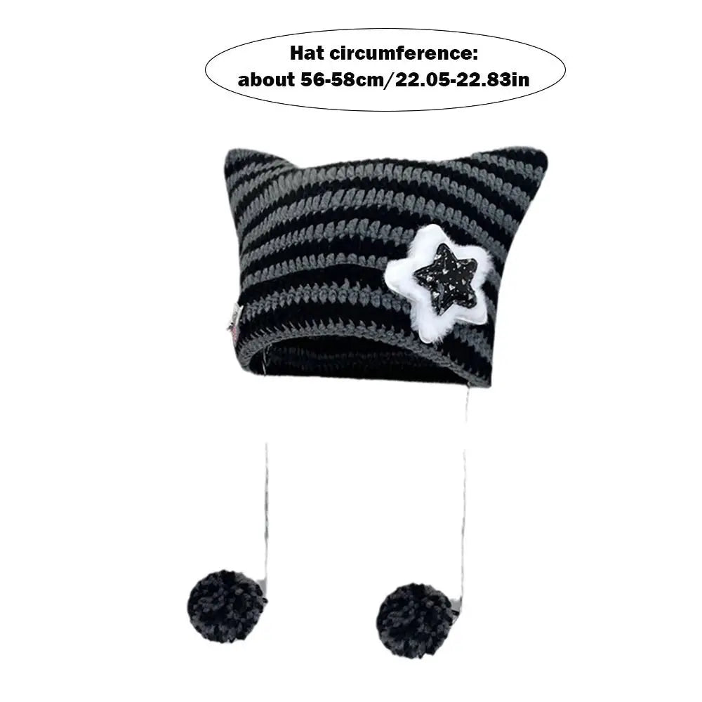Y2K Knitted Beanie Hat – Pointed Ears Striped Star Devil Knitted Beanie Hat SWANS