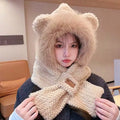 Women's Winter Windproof Hooded Cap & Scarf Set – Warm Soft Winter Hat Scarf Set SWANS Khaki