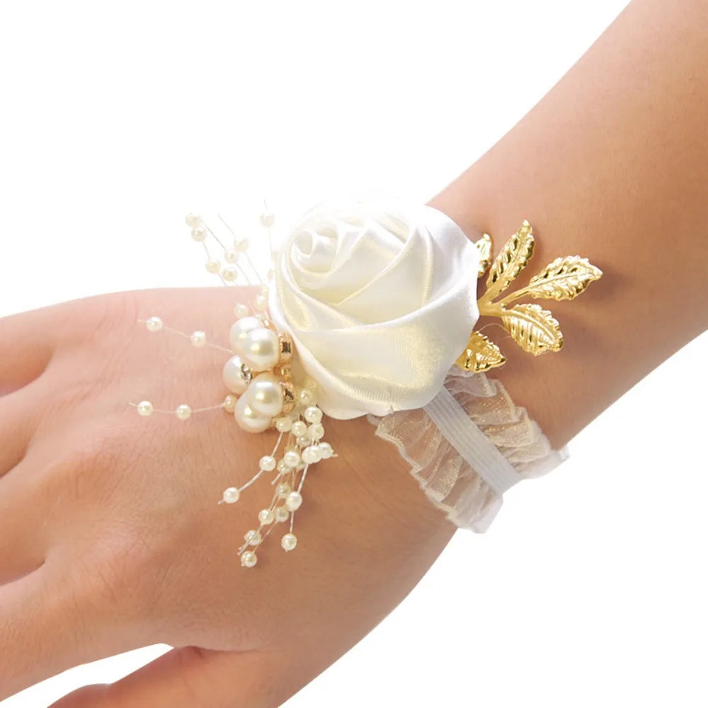 Rose Ribbon Wrist Corsage Bracelet – Wedding & Bridesmaid Wrist Corsage Bracelet SWANS white
