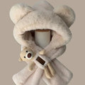 Bear Integrated Hat & Scarf Set – Warm Windproof Pullover Hat & Scarf Set SWANS Beige