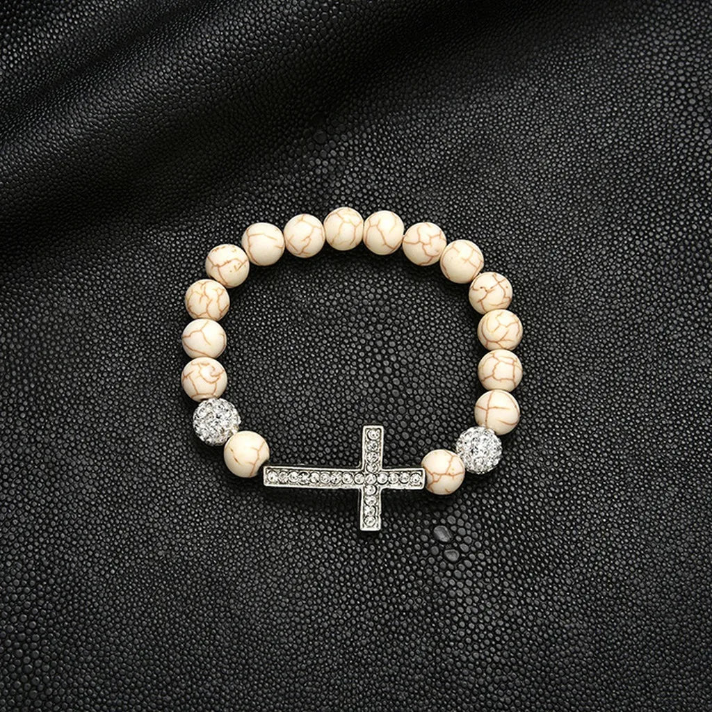 Turquoise Elastic Bead Bracelet – Unisex Rhinestone Cross Charm Bead Bracelet SWANS Beige