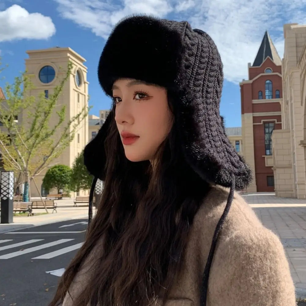 Women's Winter Ear Flap Hat – Thickened Knitted Bomber Cap Winter Ear Flap Hat SWANS