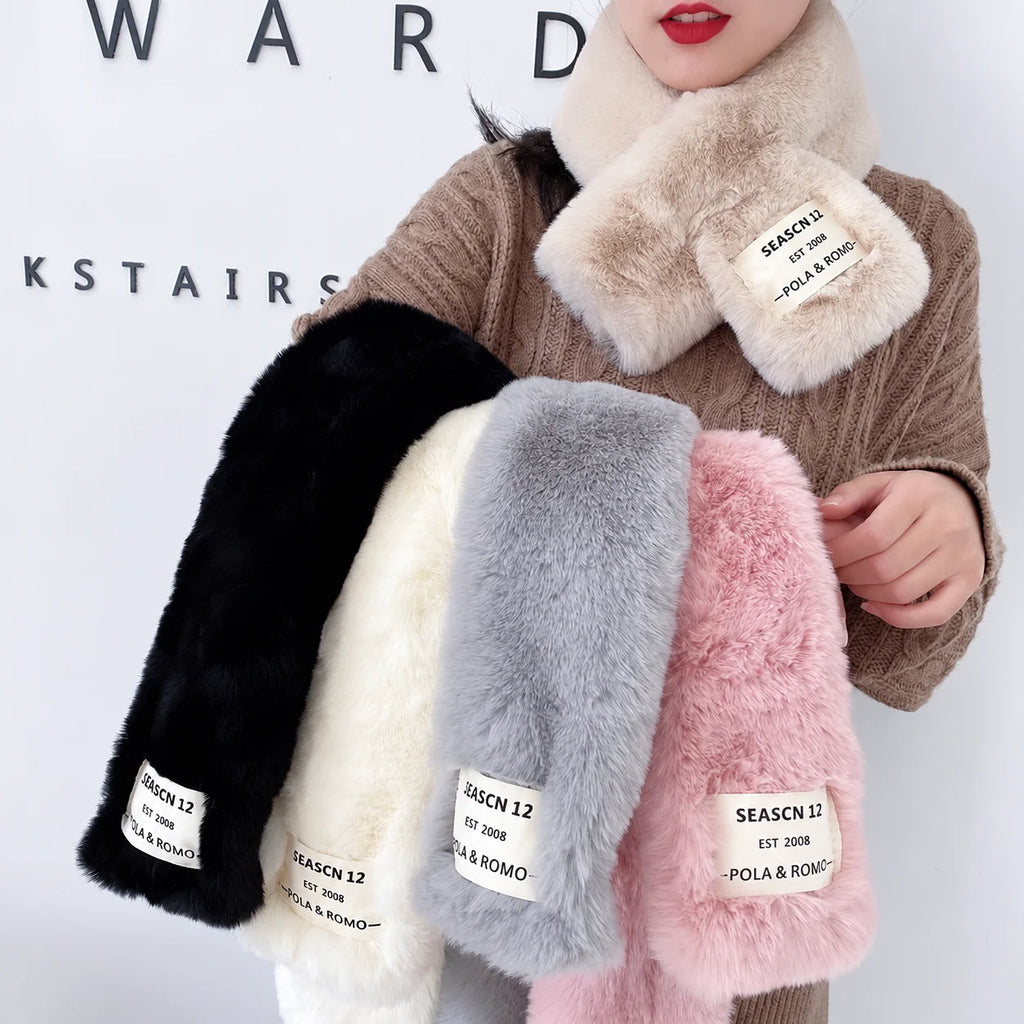 Pull-Through Faux Fur Scarf – Plush Letter Patch Neck Warmer Faux Fur Scarf SWANS