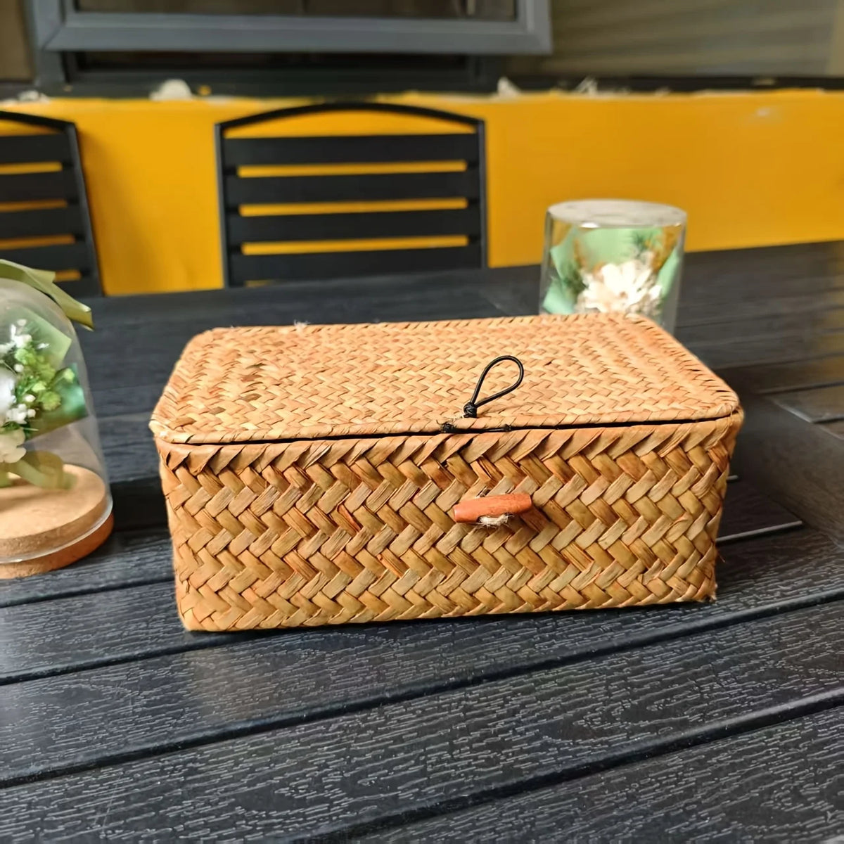Woven Bamboo Covered Storage Basket – Boho Vintage Desk Organizer Woven Storage Basket SWANS