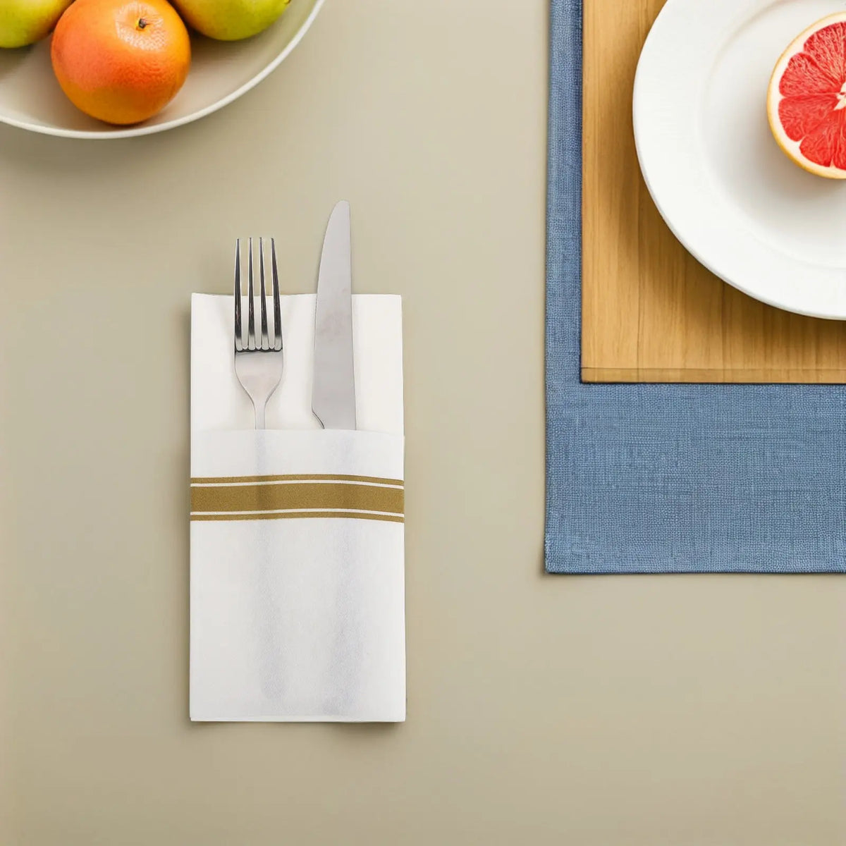 50-Pack Gold Trim Prefolded Disposable Dinner Napkins with Pocket Disposable Dinner Napkins SWANS