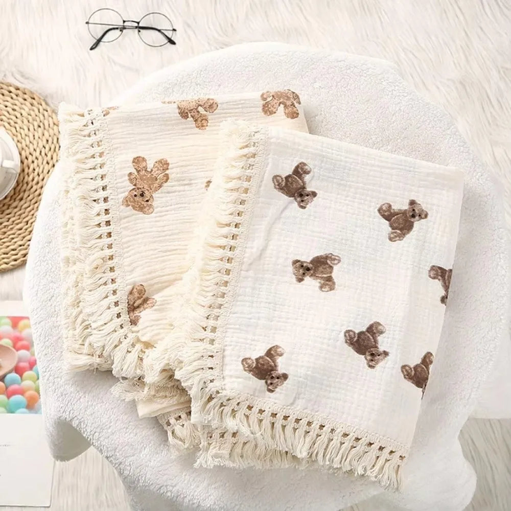 SWANS Cotton Muslin Baby Blanket – Soft Bear Plaid Design Baby Muslin Blanket SWANS