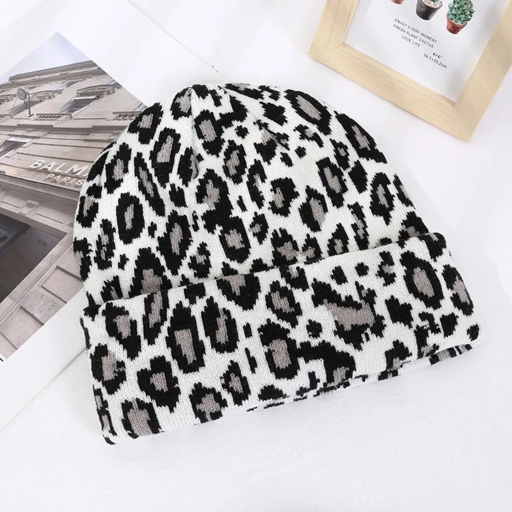 Y2K Leopard Knit Skullcap – Unisex Brimless Beanie Hat Knit Beanie Hat SWANS White