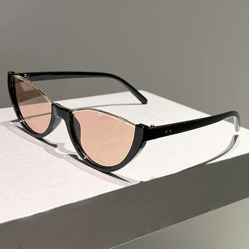 Y2K Cat Eye Half Frame Sunglasses UV400 Unisex Vintage Cat Eye Sunglasses SWANS Black Tea As the photo