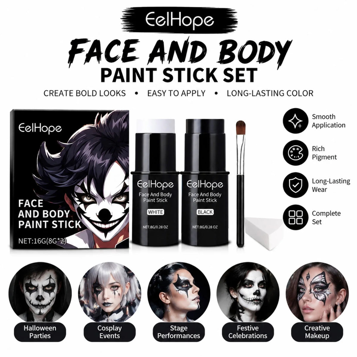 Halloween Face & Body Paint Stick Set – Black & White Cosplay Kit Halloween Face Paint Kit SWANS
