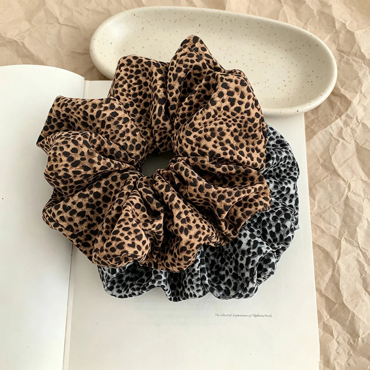 Vintage Leopard Print Scrunchie – Large Soft Fabric Hair Tie Hair Scrunchie SWANS