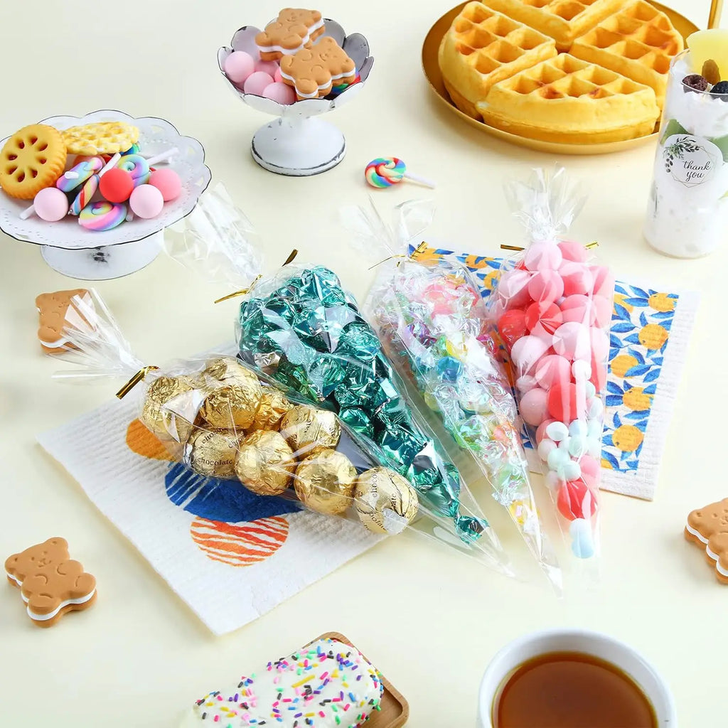 50-Pack Clear Cone Treat Bags with Twist Ties – Party Favors Cone Treat Bags SWANS