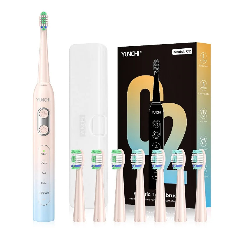 YUNCHI C2 Sonic Electric Toothbrush – 5 Modes, USB-C, 8 Heads Sonic Electric Toothbrush SWANS Blue-Yellow