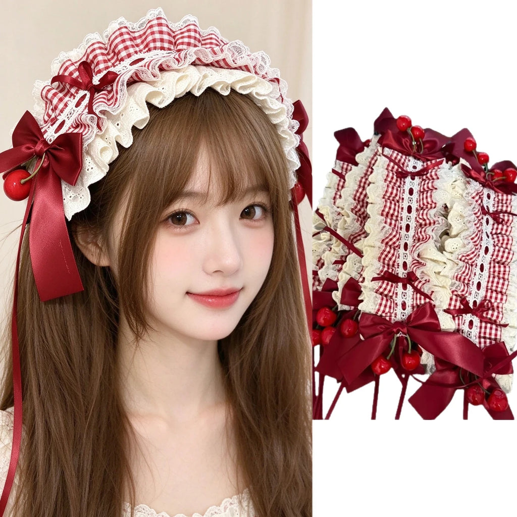 Lolita Cherry Headband Red Plaid Lace Ruffle Bow Hairband Lolita Hair Accessory SWANS