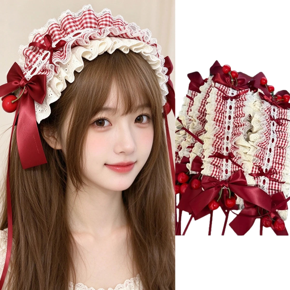 Lolita Cherry Headband Red Plaid Lace Ruffle Bow Hairband Lolita Hair Accessory SWANS