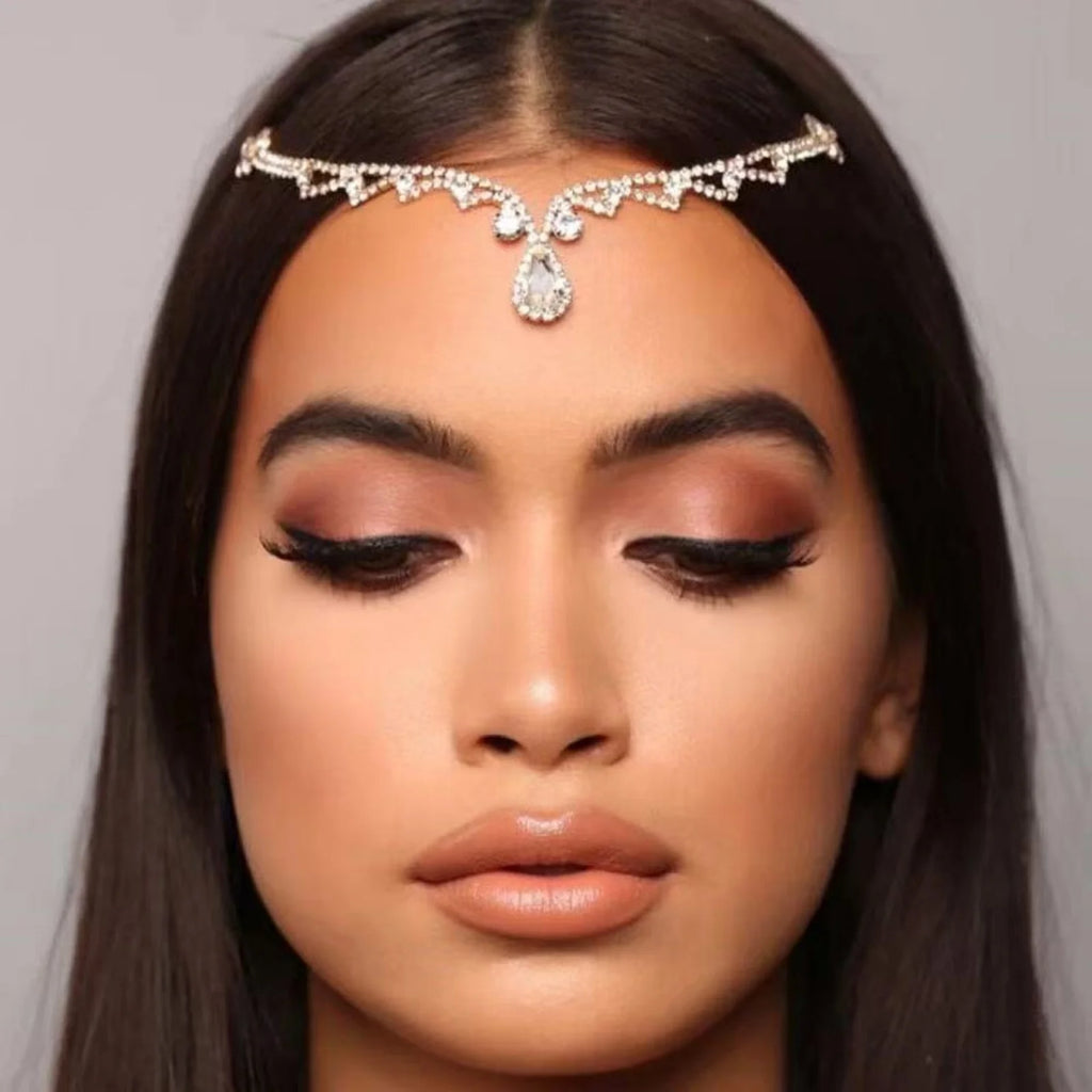 Silver Rhinestone Bridal Headband – Boho Crystal Forehead Piece Bridal Hair Accessory SWANS