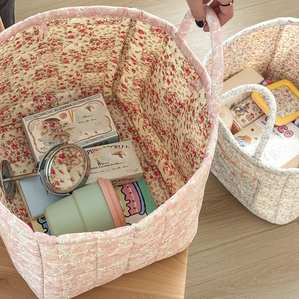 Vintage Floral Quilted Foldable Storage Basket with Handle Fabric Storage Basket SWANS