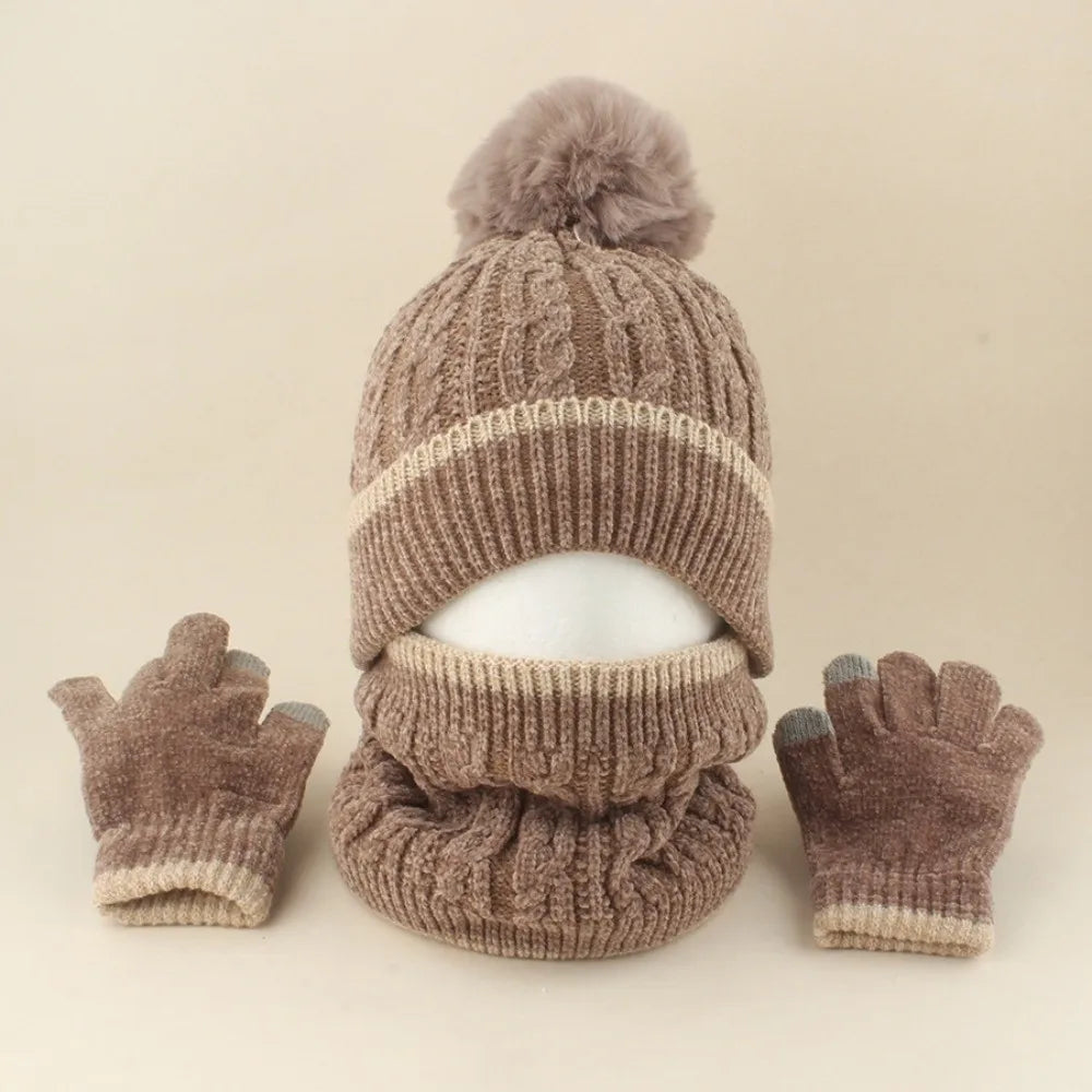 Kids Winter Knit Hat Scarf & Gloves Set – Warm 3-Piece Kids Winter Accessory Set SWANS Brown 48-53CM