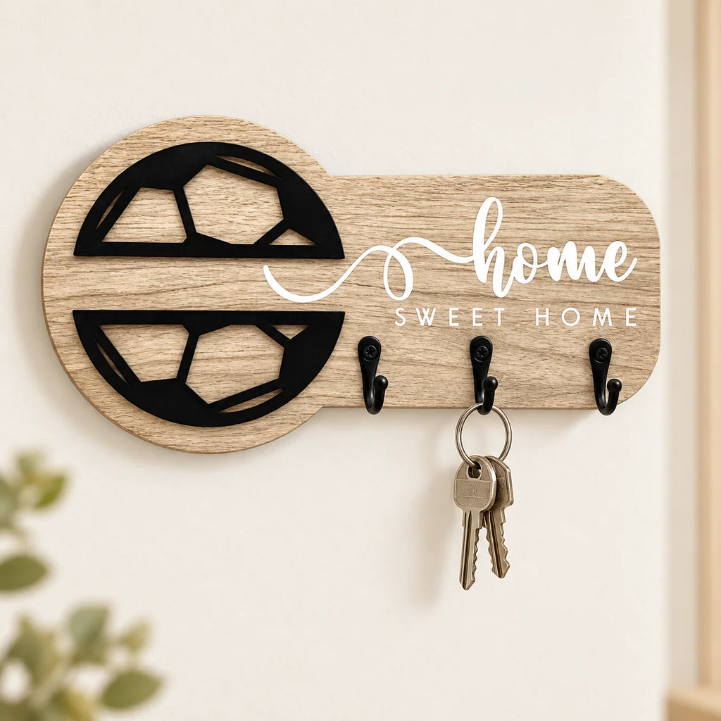 SWANS Wooden Key Holder Wall Rack – 3 Hooks Key-Shaped Decor Wall Key Rack SWANS
