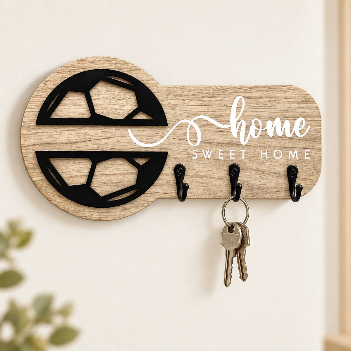 SWANS Wooden Key Holder Wall Rack – 3 Hooks Key-Shaped Decor Wall Key Rack SWANS