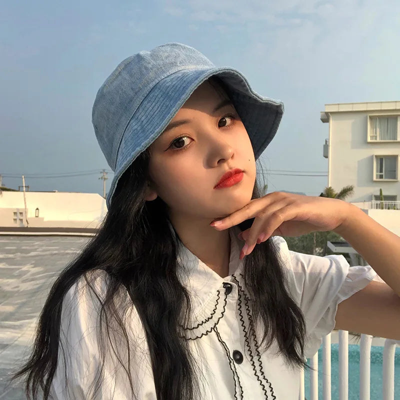 Retro Washed Denim Bucket Hat – Unisex Wide Brim Cap Denim Bucket Hat SWANS