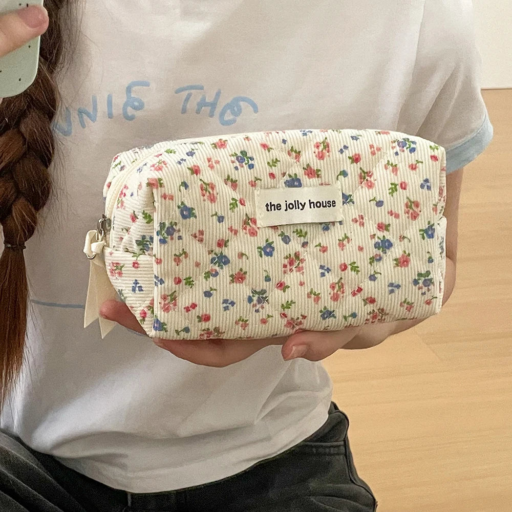 Vintage Floral Quilted Cotton Makeup Bag & Cosmetic Tote Cosmetic Makeup Bag SWANS