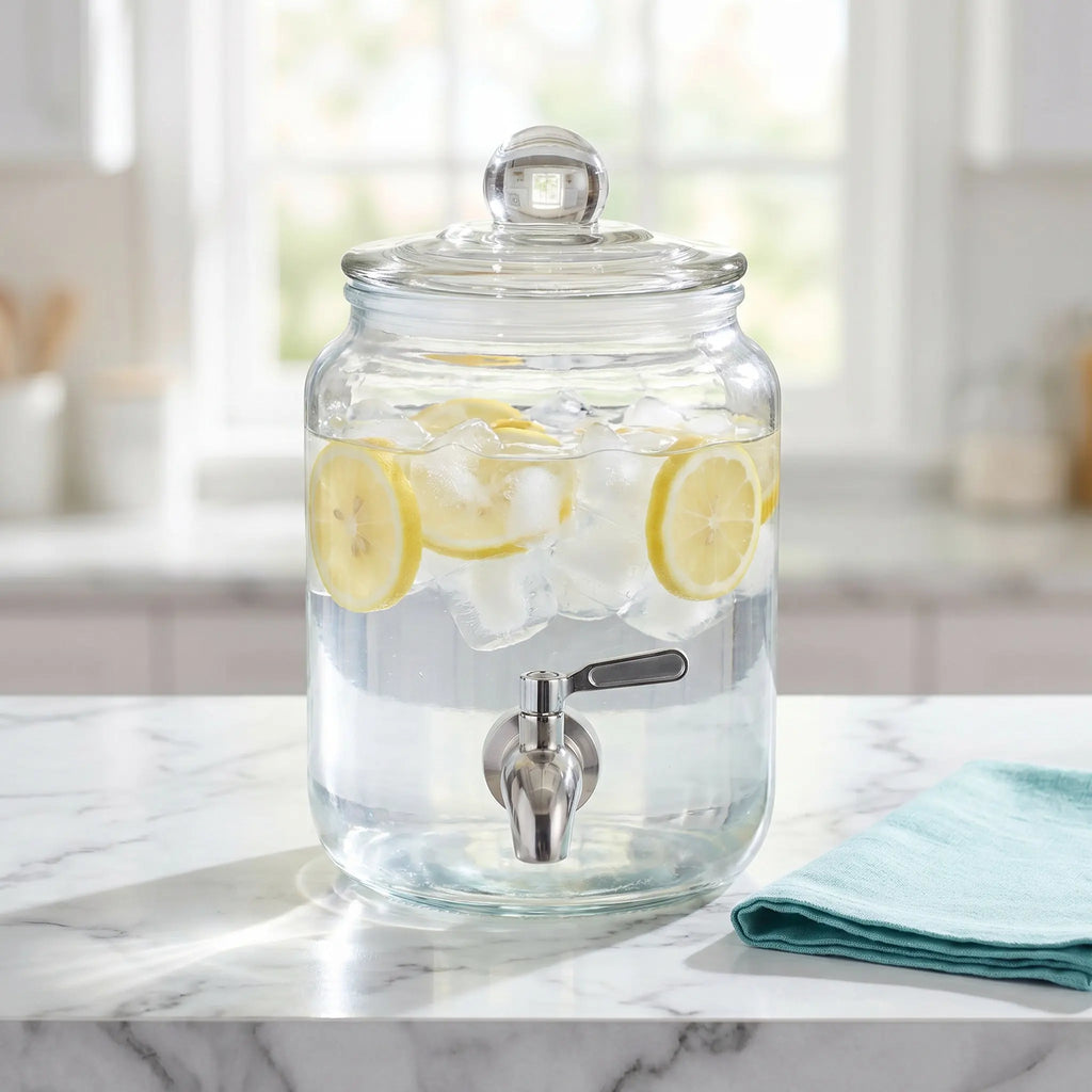 Glass Drink Dispenser 1.5L – Stainless Steel Spigot & Airtight Lid Beverage Dispenser SWANS