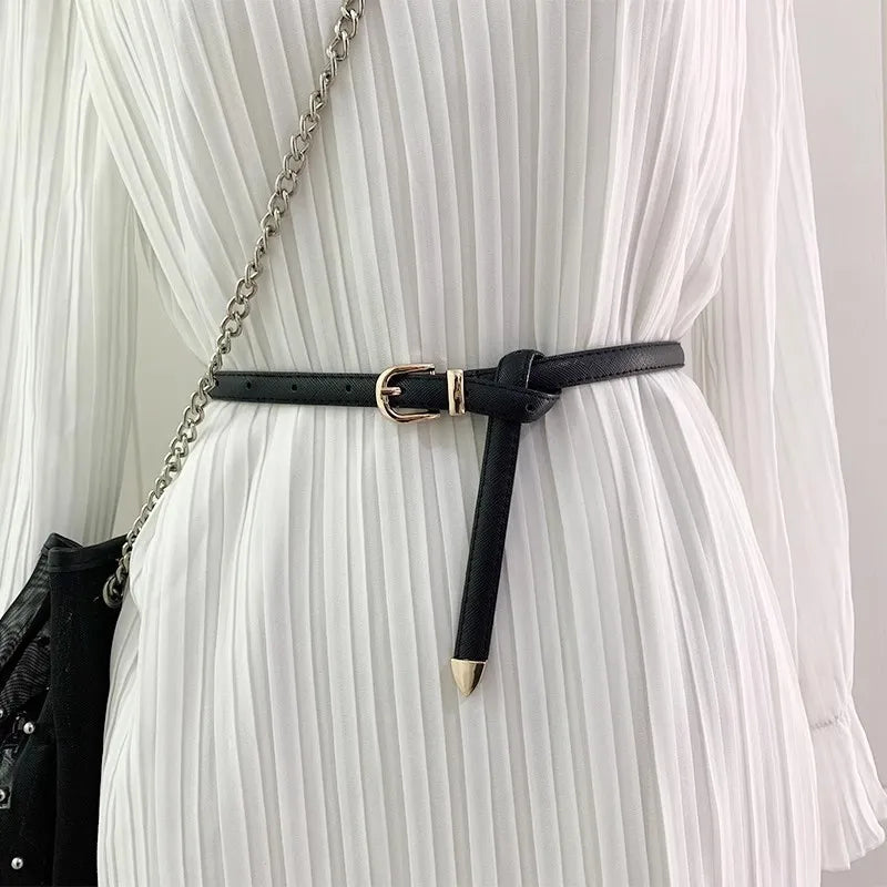 Women's Thin PU Leather Metal Belt – Korean Fashion Waistband Fashion Belt SWANS 105x1.4cm black Adjustable