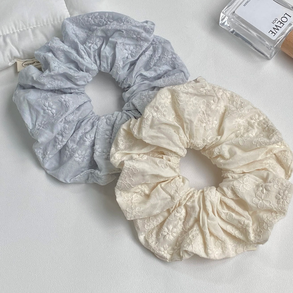 Floral Embroidered Hair Scrunchies – Light Blue & Cream Embroidered Hair Scrunchie SWANS