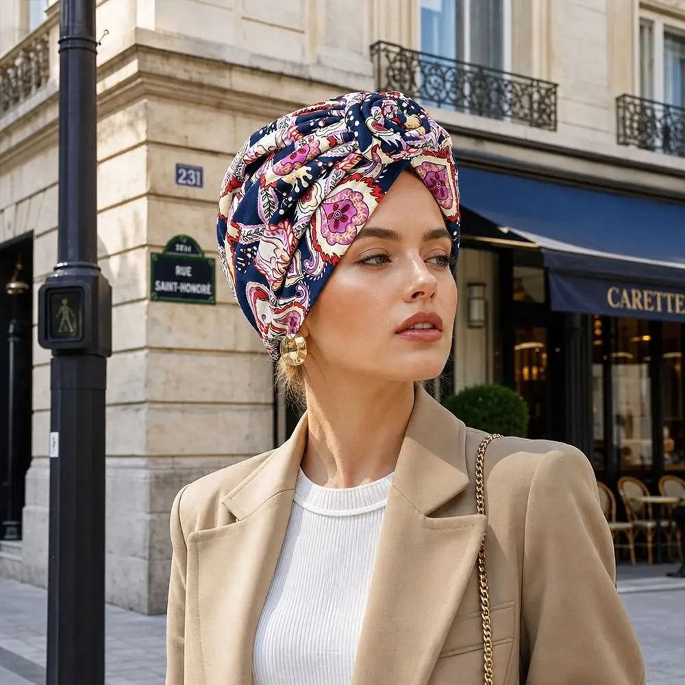 African Print Hijab Cap – Pleated Knotted Head Wrap | All Seasons Hijab Head Wrap SWANS