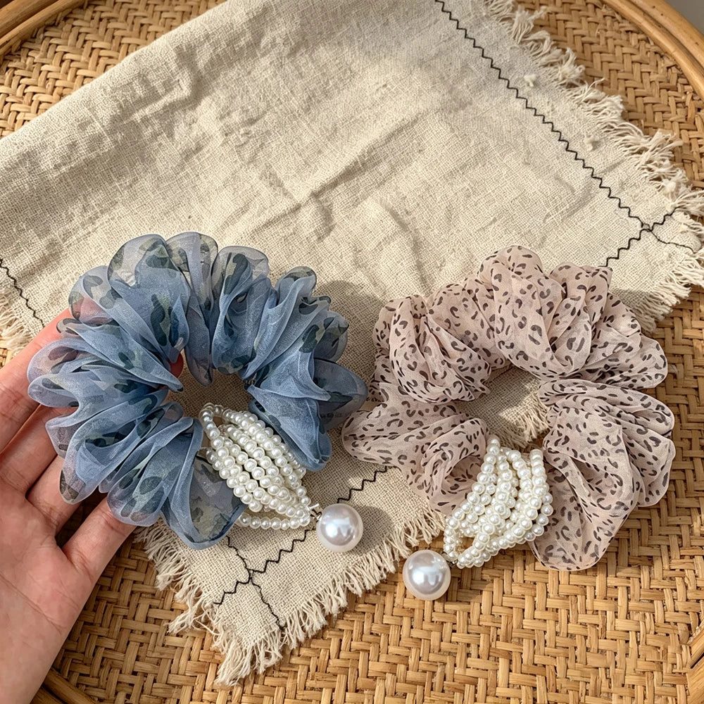 Vintage Leopard Organza Hair Scrunchie – Pearl Bead Tassel Hair Scrunchie SWANS