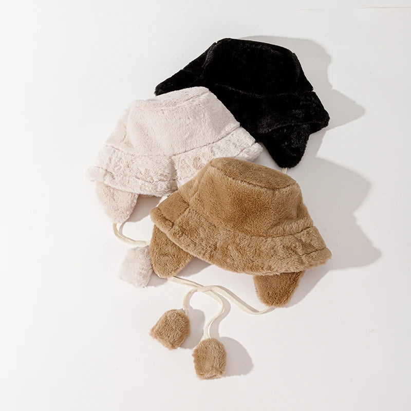 Women's Fluffy Faux Fur Bucket Hat – Warm Winter Fisherman Cap Winter Bucket Hat SWANS