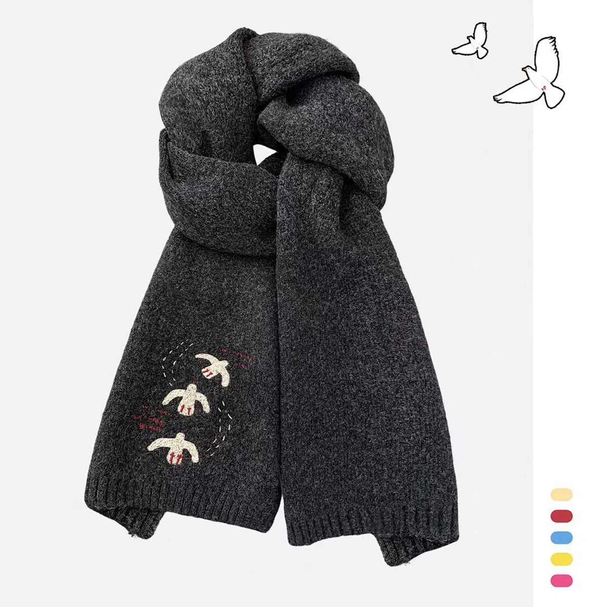 Women's Embroidered Knitted Winter Scarf – Windproof Neck Warmer Knitted Winter Scarf SWANS black 12x80cm