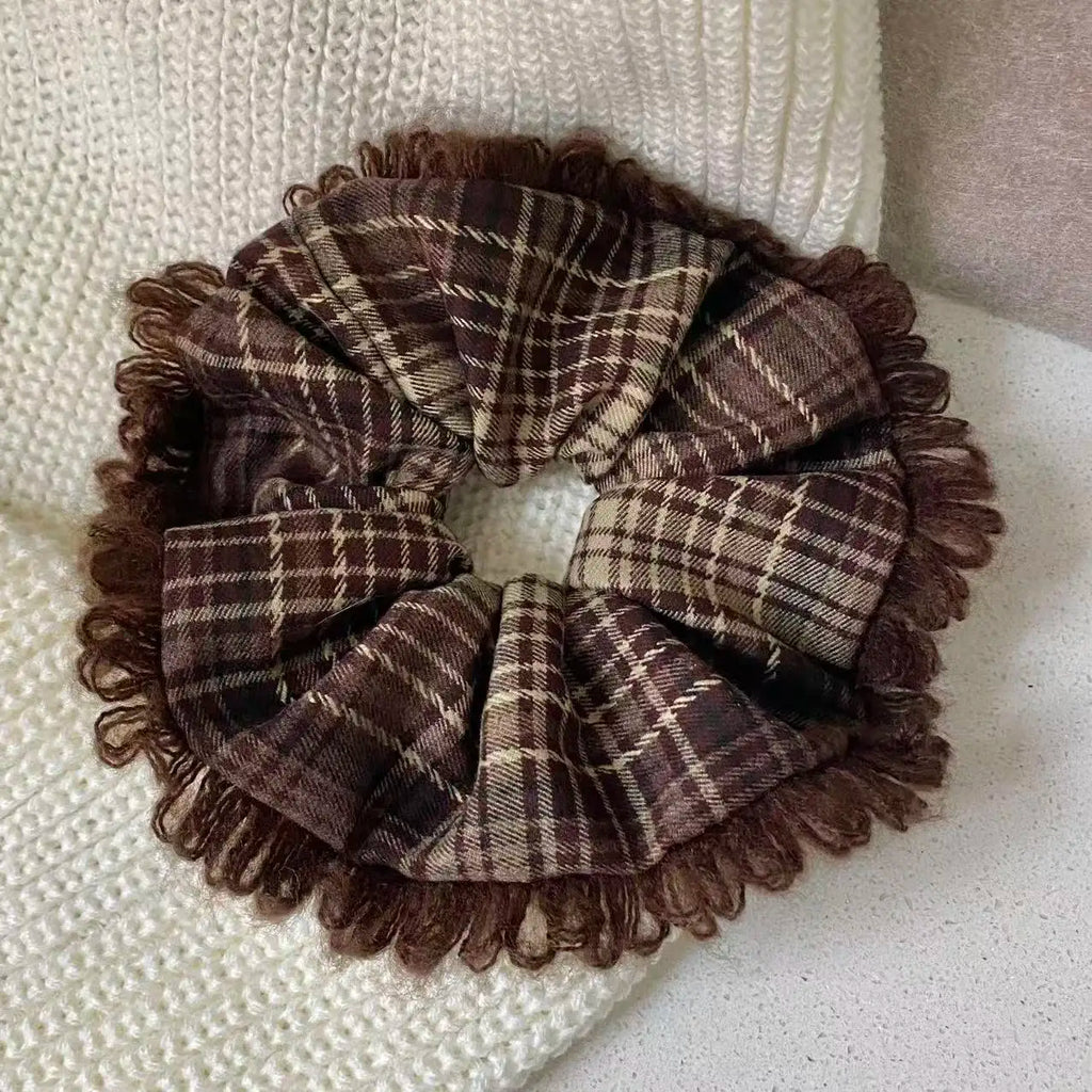 Plaid Fringed Scrunchie – Vintage Tartan Hair Tie for Women Hair Scrunchie SWANS brown