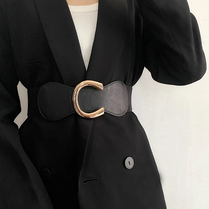 Women's Wide Elastic Belt – Black PU Leather Gold Buckle Wide Waist Belt SWANS