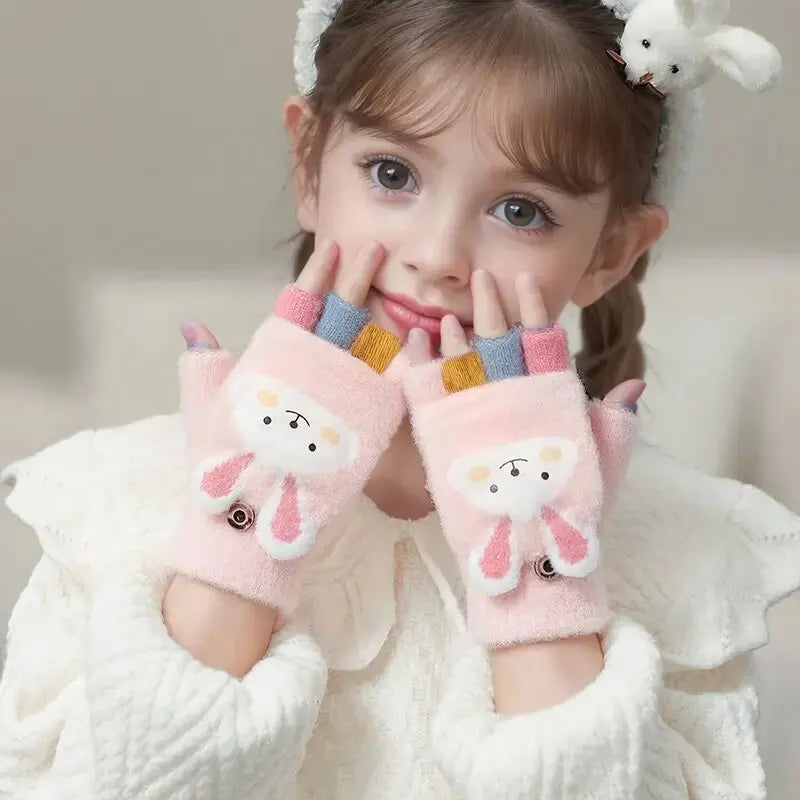 Girls' Flip-Top Winter Gloves – Warm Cartoon Knit Mittens Kids Winter Gloves SWANS Pink One Size