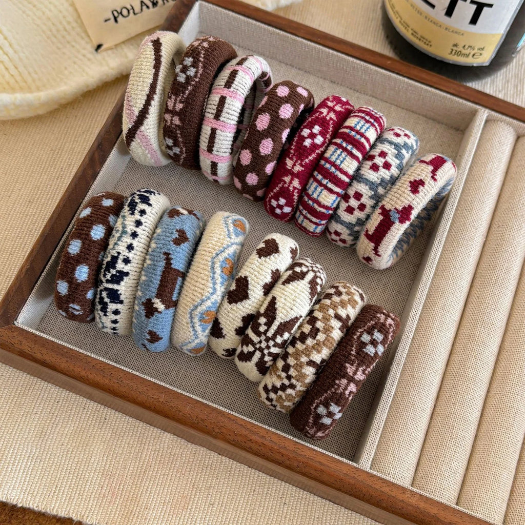 4-Pack Knitted Hair Ties – Vintage Fair Isle & Polka Dot Knitted Hair Ties SWANS