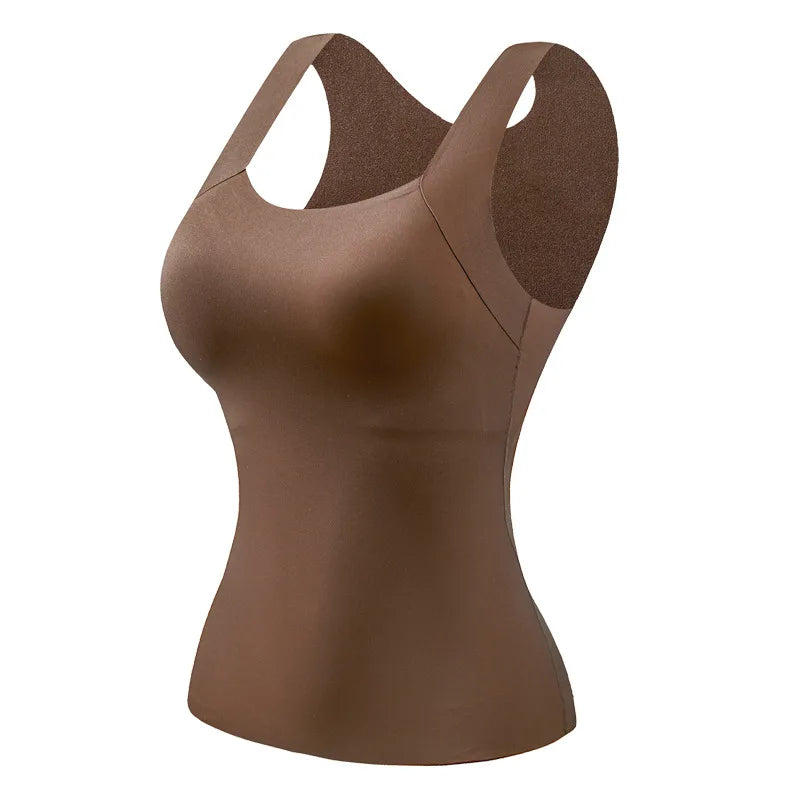 Women's Plus Size Seamless Thermal Vest with Built-In Bra Thermal Vest SWANS Coffee color M