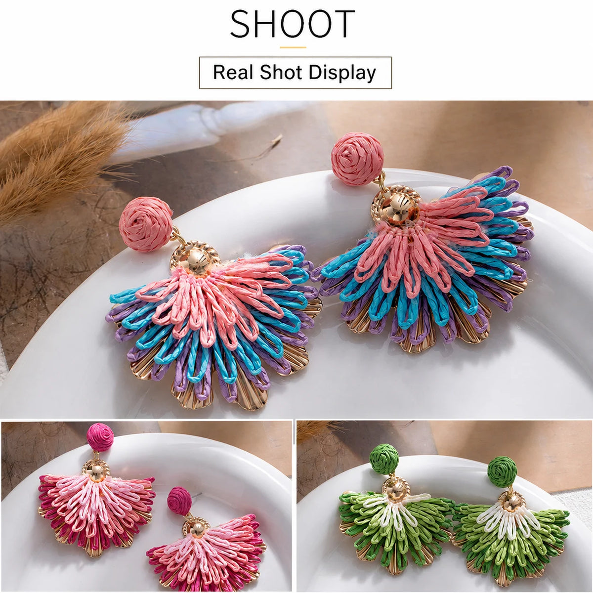 Women's Bohemian Raffia Flower Fan Drop Earrings Drop Earrings SWANS