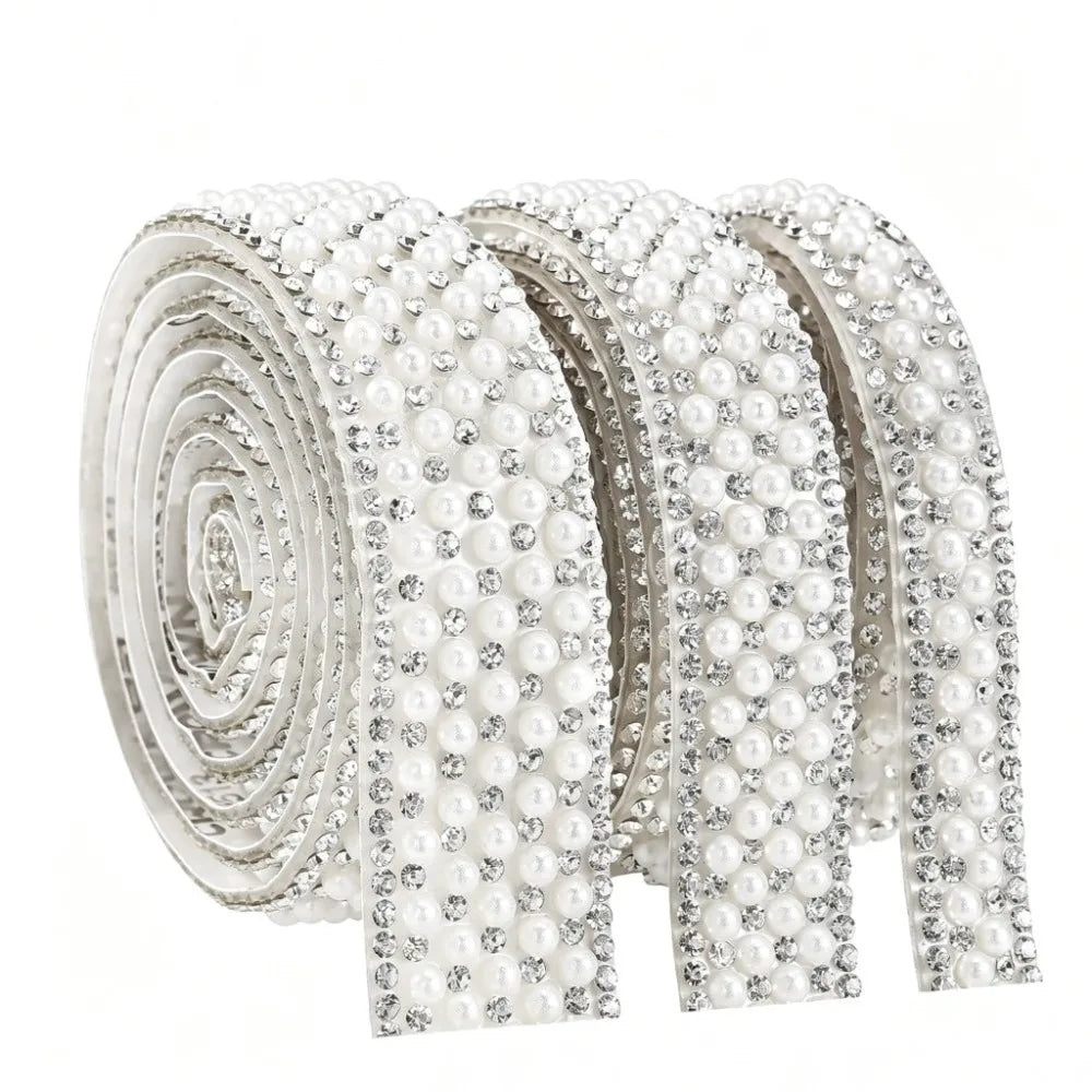 Self-Adhesive Crystal Rhinestone Pearl Ribbon Trim Tape – 1 Yard Rhinestone Ribbon Trim SWANS