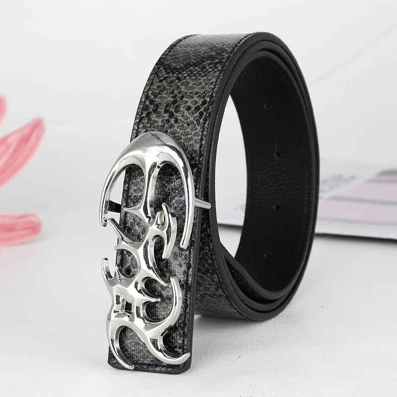 Y2K Hollow PU Leather Punk Belt – Reversible Unisex Style Punk Fashion Belt SWANS Snake Lychee-A 110cm