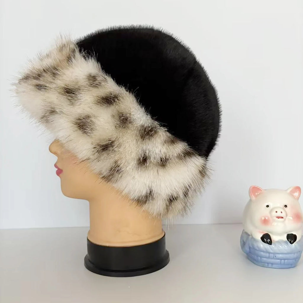 Leopard Print Plush Bucket Hat – Winter Warm Women's Beanie Winter Bucket Hat SWANS black elastic
