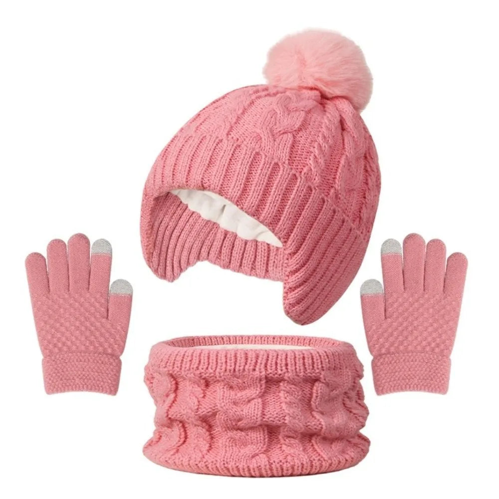 Kids Winter Knit Hat Scarf & Gloves Set – Pompom 3–10Y Kids Winter Accessories Set SWANS Pink